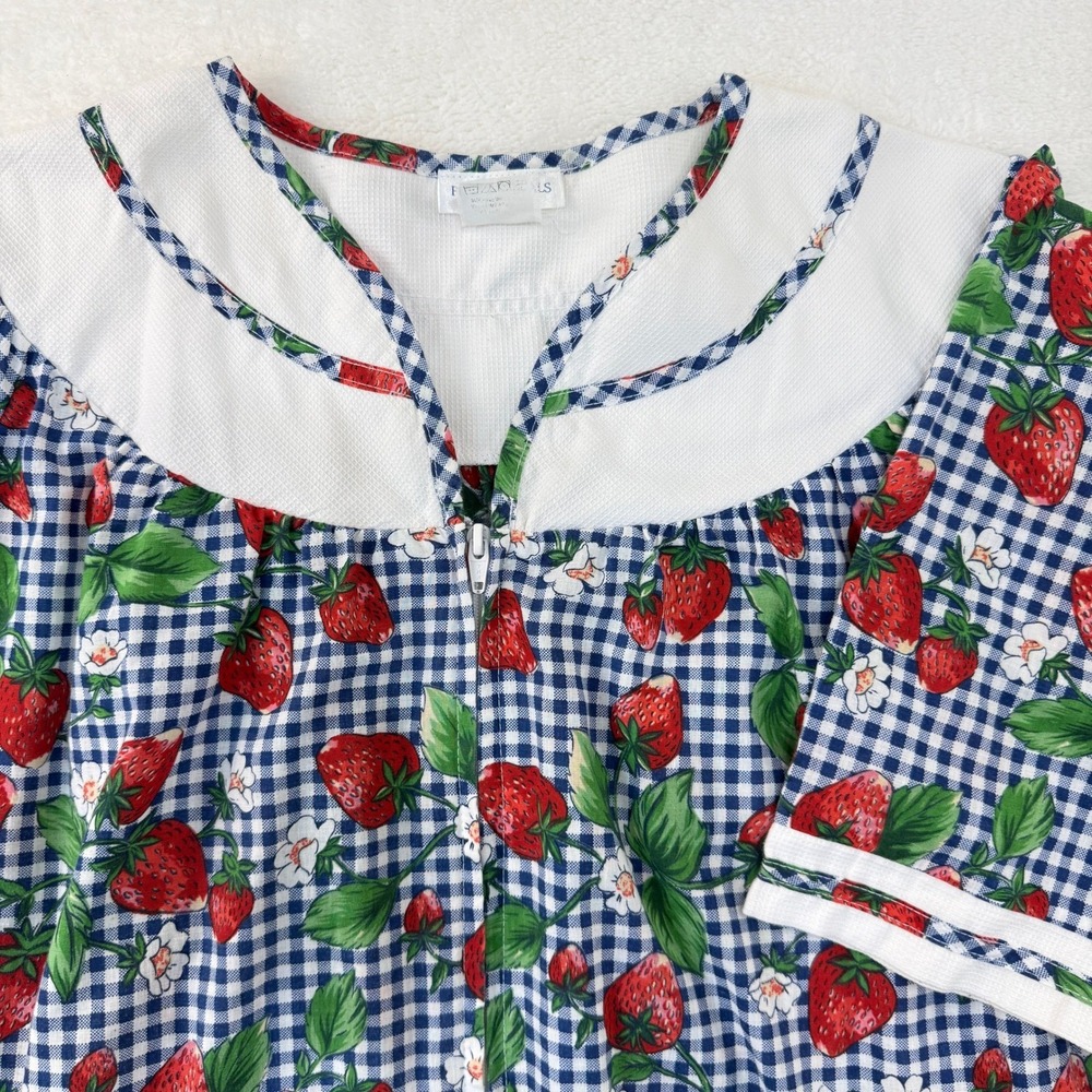 Vtg Fundamentals Gingham Strawberry Print Zip Front Housecoat 1X MuuMuu Lounge